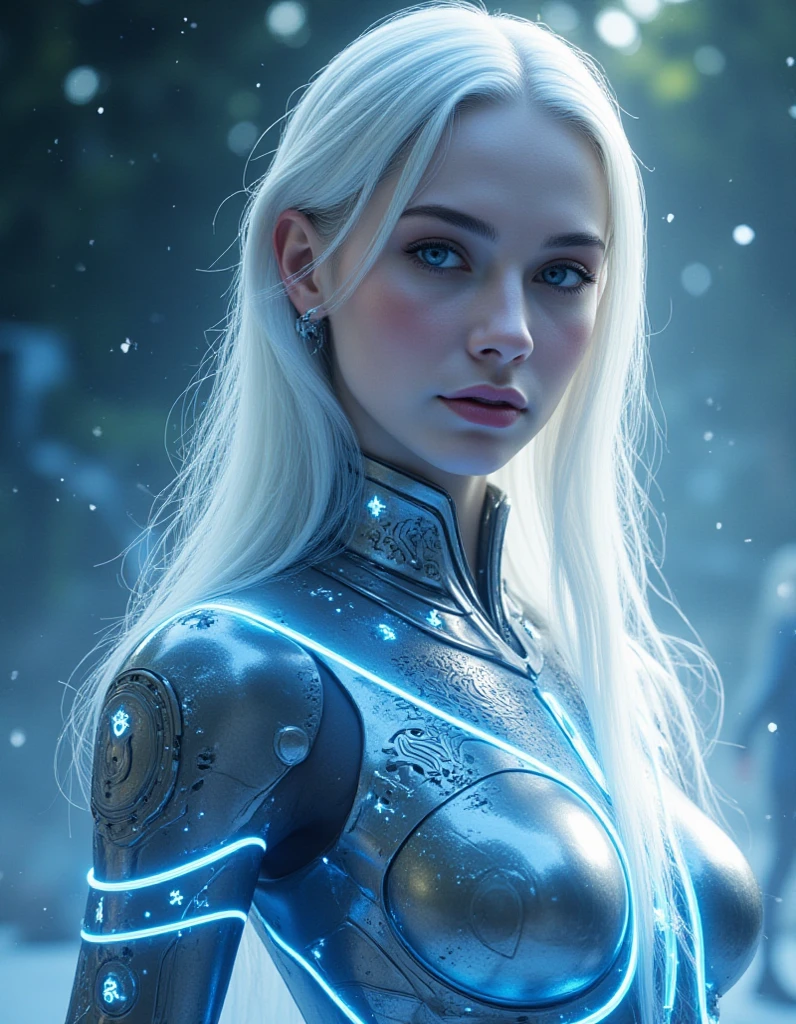 Hyperrealism, photo, mahakarya, menakjubkan, best quality,
a 20-year-old Nordic cyber goddess with perfectly pale skin, mesmerizing deep blue eyes that permeated everything. Her long silver hair glistened with starlight, flowing down his back. Her body was decorated with intricate cybernetic enhancement, including a sleek alloy of metals and fluid metal shifted with fluid itas. She wore futuristic armor, decorated with ancient Nordic symbols, shining with luminous light representing divine power and cutting-edge technology.
perfect lighting, profesional, high contrast, bright colors, intricate detail, (High quality texture), (tajam), ( artistic drawing ), 8k, is very detailed,  Fantasy , hidup,  detail kaya ,