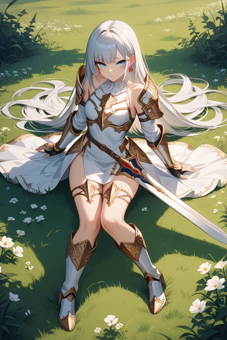 4K,High resolution,One Woman,Dark Skin Elf Big ,knight,White high leg leotard armor,,Heavy Armor,White shoes,Satin Long Gloves,,in the forest　Knee-high socks、