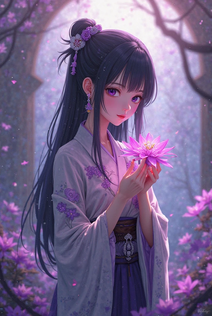 jujutsu kaisen girl anime holding a spider Lily flower purple filter