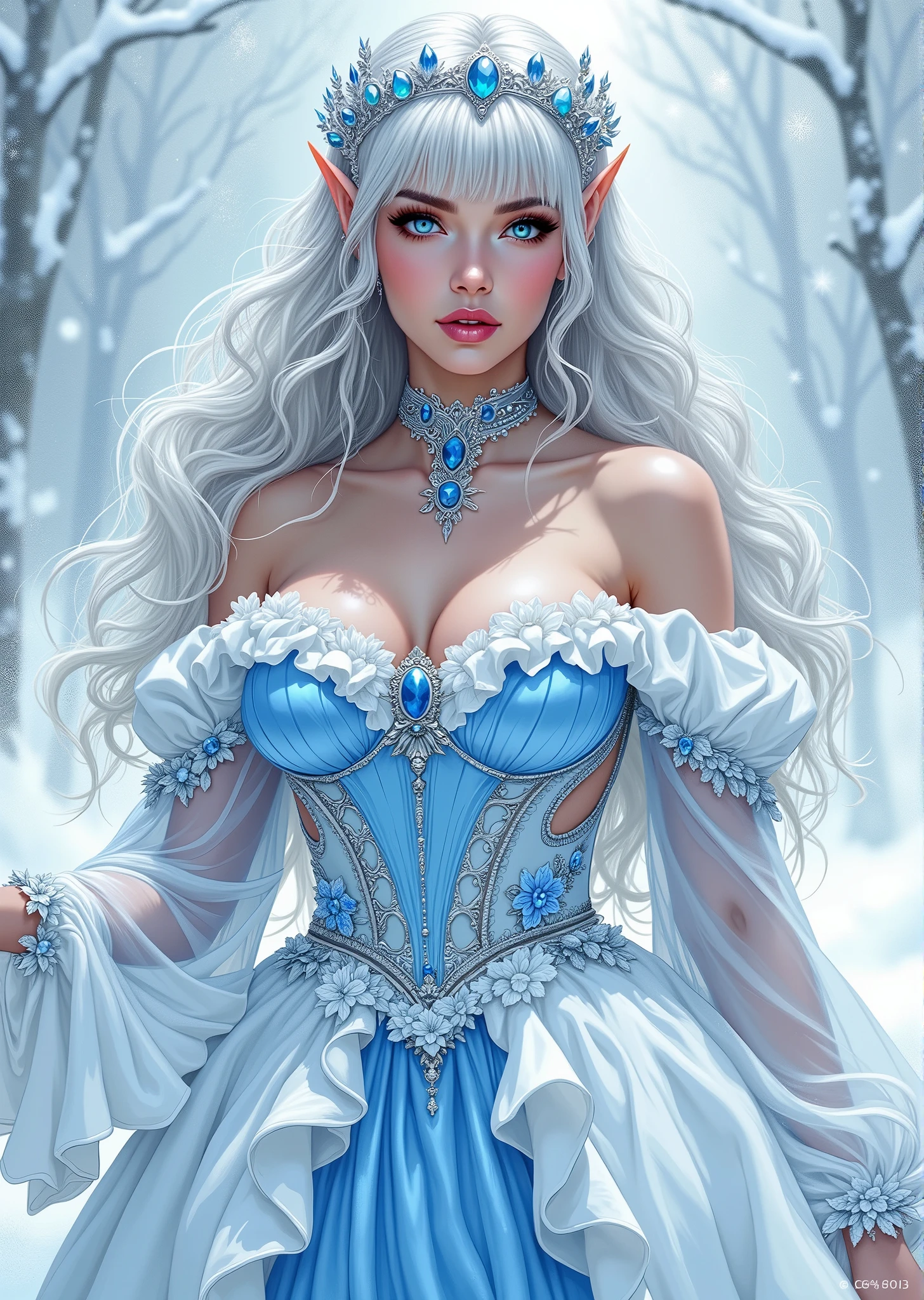 I want to be a powerful person in the shadows!,alpha,Beautiful white blonde hair,A beautiful Blue eyes,Elven ears,Beautiful white skin,Gothic dresses,Photorealsitic,An ultra-high picture quality,hightquality,masterpiece,Digital SLR,Detailed details,Intricate details,Based on anatomical grounds,Depicted in detail,Detailed face,realistic skin textures,Vivid details,perfect anatomia,perfect anatomia,Anatomically correct hand,Anatomically correct fingers,Super Detail,Complex 3D Rendering,Colossal tits,sexy pose,White gold sequin dress studded with silver,white gold rose hat,white fur coat,Gift Ribbon,Put it in a nice photo frame and display it,bright red claws,beautiful christmas scenery,mysterious snow scene,It's snowing,beautiful ilumination,Christmas tree,Picturesque beauty,Photograph the whole body,9 head body,Pink lip,Luxurious necklace,emphasize the beautiful whole body,Beautiful nails,Black bondage,Beautiful burning rose,High-leg T-back,