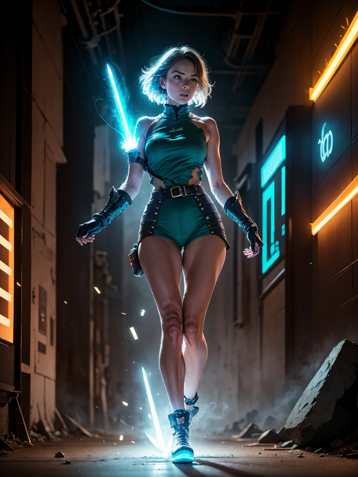 (extremely low angle), full body, beautiful female rock guitarist in sci-fi battle armor, glowing cyan sword transformed from a guitar, confident look, realistic body proportions, armor battle damage, intense shining eyes, cinematic lighting, broken holographic panels, cyberpunk city ruins, long dark blue hair with glowing cyan tips, fingerless gloves, flying debris, cracked street reflecting neon, volumetric light beams, backlight glow, orange and blue sparks, lens flare, falling ash, border rim lights, (masterpiece:1.2), (ultra high definition:1.3), dslr, 16k, photo-realistic
