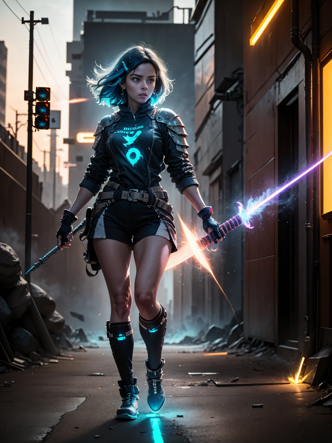 (extremely low angle), full body, beautiful female rock guitarist in sci-fi battle armor, glowing cyan sword transformed from a guitar, confident look, realistic body proportions, armor battle damage, intense shining eyes, cinematic lighting, broken holographic panels, cyberpunk city ruins, long dark blue hair with glowing cyan tips, fingerless gloves, flying debris, cracked street reflecting neon, volumetric light beams, backlight glow, orange and blue sparks, lens flare, falling ash, border rim lights, (masterpiece:1.2), (ultra high definition:1.3), dslr, 16k, photo-realistic
