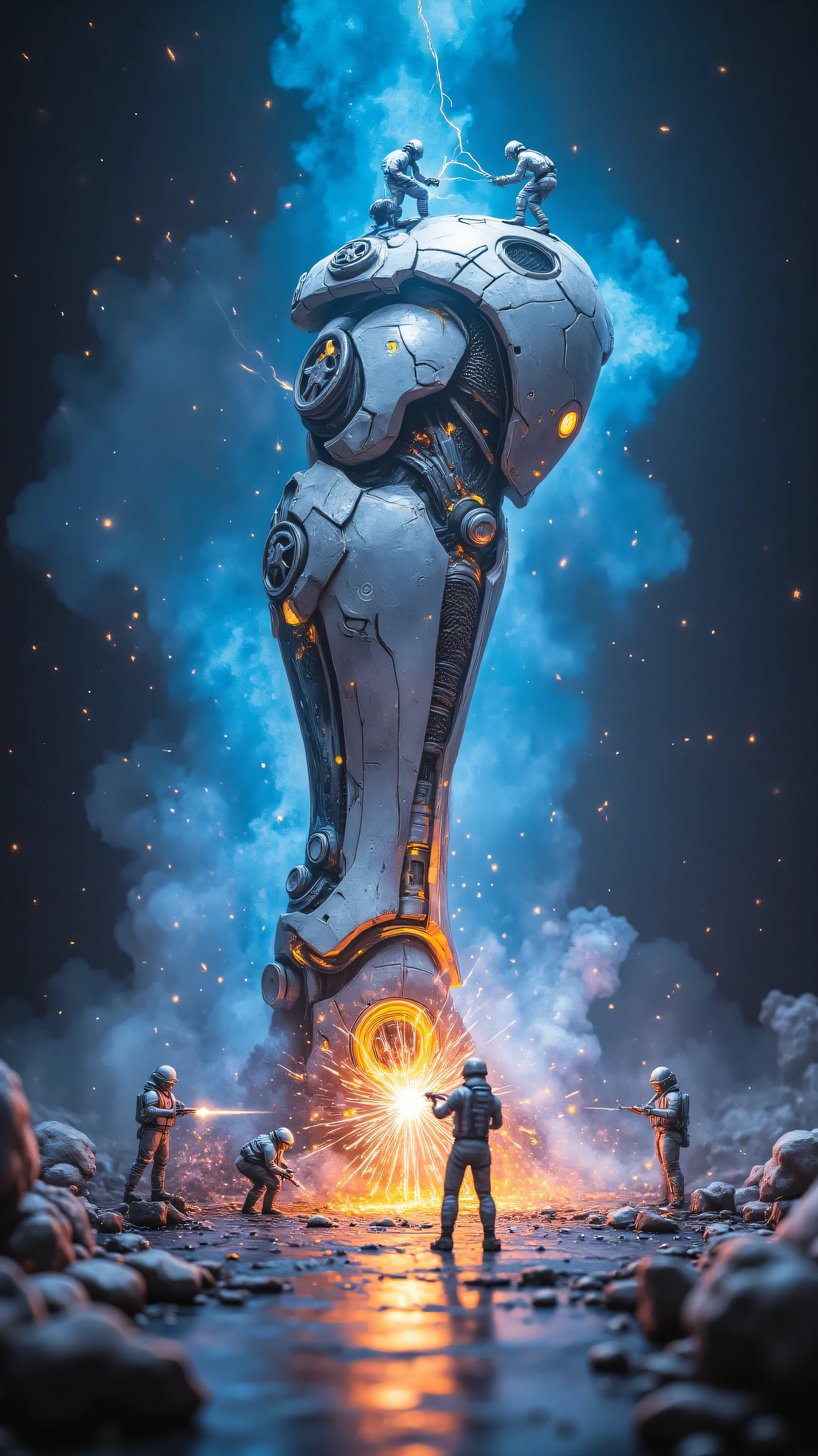 Miniature diorama, macro shot of a bionic cybernetic leg – titanium alloy fused with synthetic tissue emitting an eerie bioluminescent glow. Maintenance crews swarm beneath the prosthesis: plasma welders spraying ionized sparks into joint crevices (arc flares shimmering like stardust), technicians atop the exoskeleton calibrating hydraulic actuators with holographic torque wrenches. [8K microphotography + cybernetic biomechanical aesthetic, dynamic lighting accentuating carbon fiber tendon textures and neural interface ports]