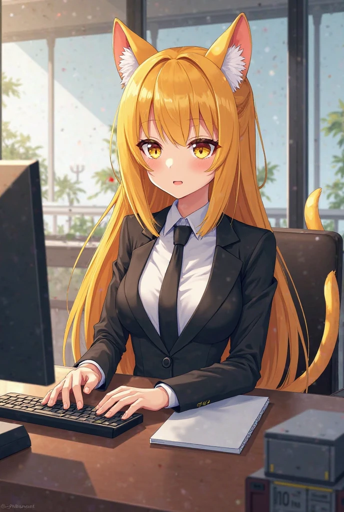 maximum quality, official art , full body, A Cat Girl, anime style, yellow and white skin, franja, yellow eyes, wearing a black suit with a white t-shirt underneath and a tie, working in an office.