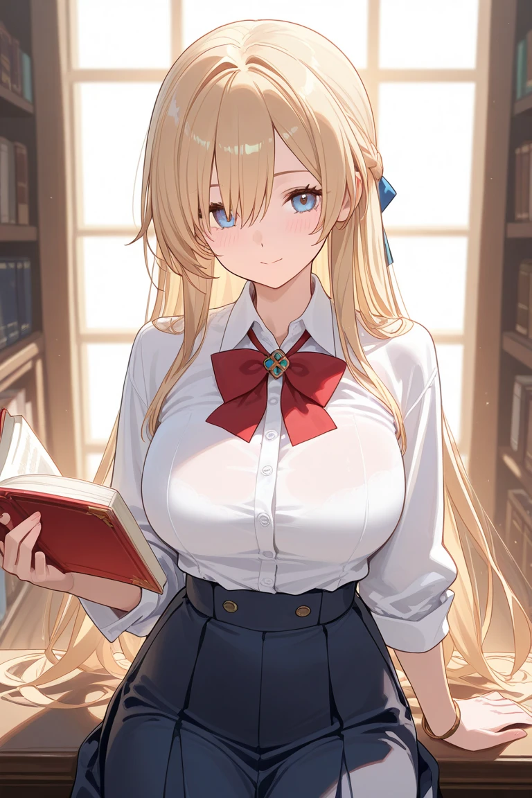 slim legs, happy, cleavage, short skirt, navel, blue eyes, school uniform, thigh high socks, stand, library , blonde hair, long hair