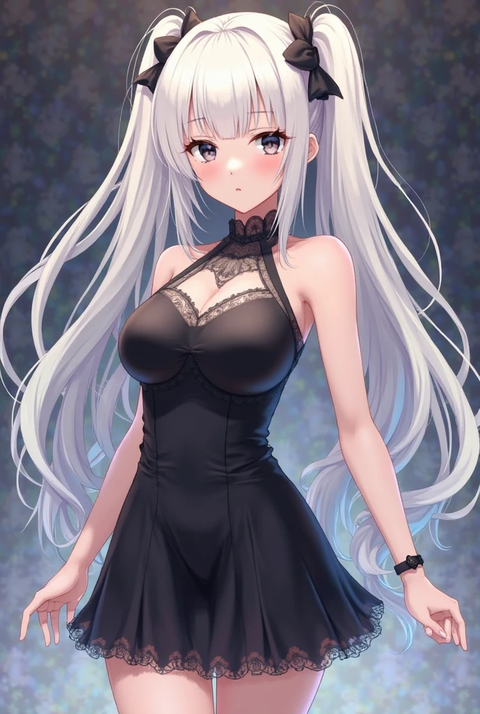 eine Frau, large, big boobs, cleavage, Long white hair, schwarze Highlights in den Haaren, left eye closed, dark blue eyes, rostige alte antike Stadt im Hintergrund, Sonne geht unter, Sonnenreflexionen in Augen, black dress with ruffles, black and white striped knee socks, Prayer gesture with hands forward. Glowing halo hovers over your head, high-resolution face, 8K, Ultra-sharp resolution, viele details, sehr detailliertes Gesicht. Federn fallen vom Himmel, sehr detaillierte Augen, Glitzereffekte in den Augen, decent smiling mouth, , black nails, Halskette um den Nacken mit Jesuskreuz design,