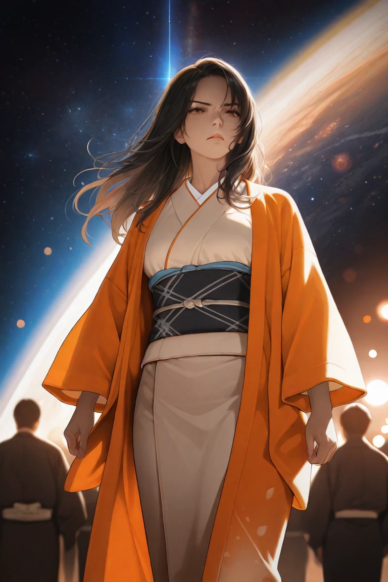 Long dark-haired woman standing in the square,An elegant standing position,serious expression,Delicate Face,graceful posture,Dressed in a traditional kimono ,Bask in natural light ,Serene space,high definition,Masterpiece,realistic,bokeh,4K rendering,Bright Saturation,Warm Colors 