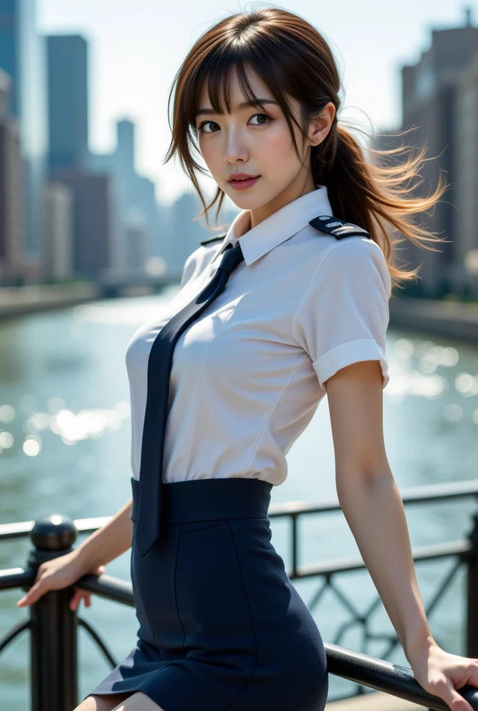 Sexy beautiful Japanese woman, brown hair, bangs, low ponytail, floating hair, a self defense officer uniform, wearing a white short-sleeved shirts, navy blue tie, navy blue pencil skirt, Black patent high heels, beautiful hip-line, Beautiful thighs, perfect beauty, perfect legs, high heels, pose, a Woman leaning back against railing, wind-tousled hair, flawless legs and stiletto heels, gazing directly at the viewer, The sun is shining, New York City by the river, (((from above)))), cinematic lighting, Surrealism, UHD, retina, masterpiece, accurate, anatomically correct, textured skin, super detail, high details, high quality, best quality, highres, 1080P, HD, 4K, 8k, 16k