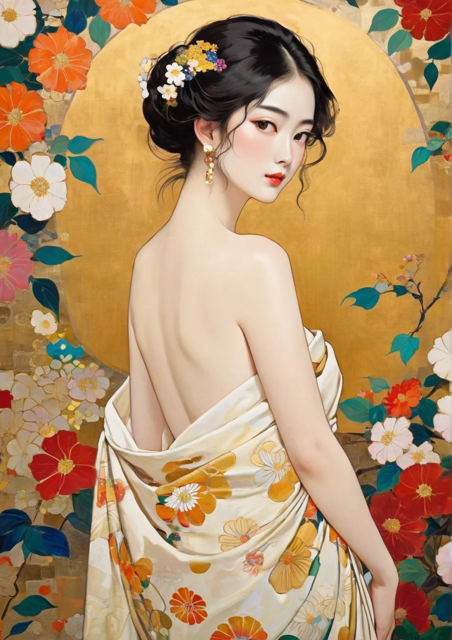 Masterpiece Japanese Painting, Klimt style masterpiece, flat art, Simple Crepe Painting,      abstract,    lots of flowers   , I'm staring at a flat illustration, 40 years old, Off Shoulder, half-open, sexy,  Bold composition 、