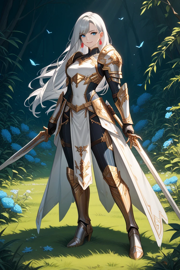 anime girl with sword and armor in a fantasy setting, armor girl, detailed key anime art, covered in full silver armor, high detailed official artwork, with sleek silver armor, cushart krenz key art feminine, sliver ice color reflected armor, from arknights, full portrait of magical knight, trending on artstation pixiv, silver armor, glossy white armor , horn shor hair, bikini , on green grass , near lake in the middle of jungle , smile, looking down , breast , evil smile , holding slave chain , standing , steping on slave ,