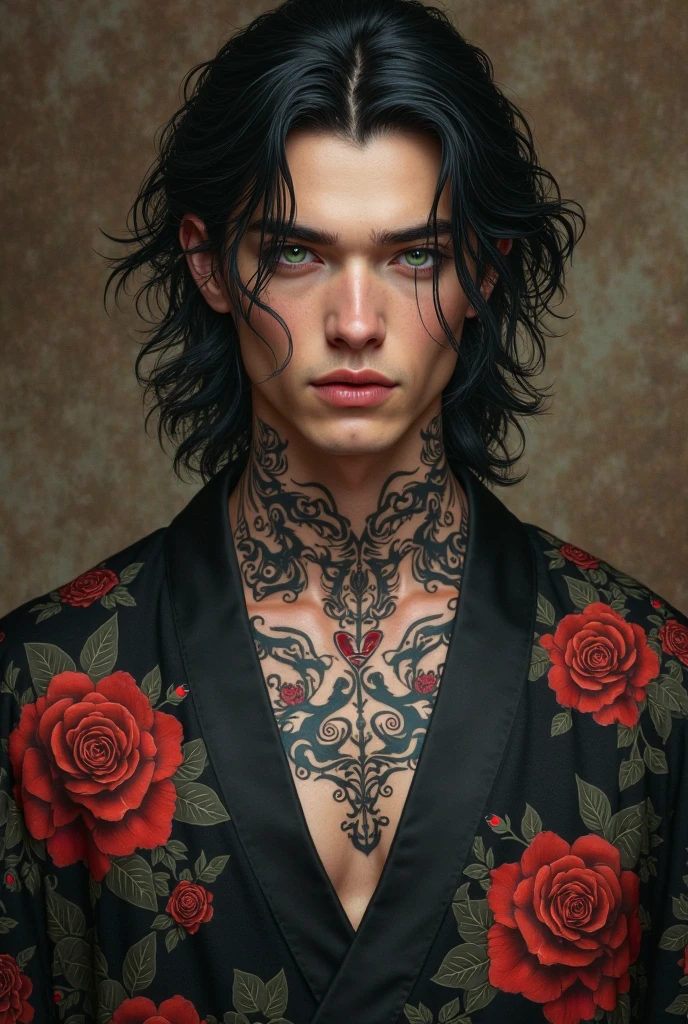 beautiful young man, green eyes, black kimono with red roses on the fabric, azure rose neck tattoos, medium length black hair