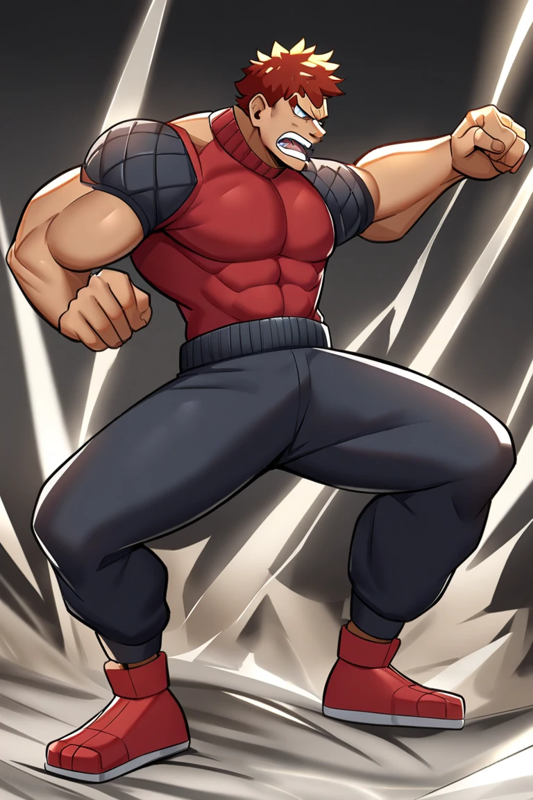 Cartoon man character in DRAGON BALL style, black short hair, fatter, offwhite, grappling , in BLACK polo t-shirt with RED and WHITE details, with a satirical tone