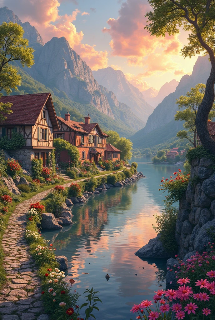 a small village by the river, mountains in the background, fleurs florales colorées,  detailed landscape , Beaux paysages naturels, atmospheric lighting, coucher de soleil brûlant, warm colors, pratique, photorealistic, Detailed foliage ,  complex buildings, Cobblestone street, Charming country house, bright swirling colors, lush vegetation,  Reflections of still water, Pittoresque, idyllique,  work of art, best quality, 8k, Extremely detailed, style anime.