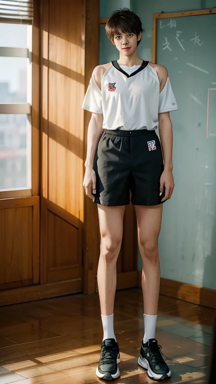 (A 15-year-old junior high school boy:2),Positive perspective,(malefocus),(Expose the whole body:2),Height 300 cm,Super long legs, Straight legs,Expose shoes,Tall guy,Tall,broad shoulder,Shota,Round face and pointed chin,(The face of the animated male protagonist),Extremely handsome,Happy smile,tilts your head,Men's basketball uniform,Men's boxer panties,Short messy hair,Eyes widen,orthofacial,athletic sneakers。and the sun was shining brightly,At home,sit on chair,ultra-realistic realism, (Photorealistic detail), Incredible accuracy, lifelike textures, masterful technique, Jaw-dropping precision, artistic dedication,(anatomy correct),Good lighting,exquisite detailing,Best quality,stunning masterpiece,CG,(Colored screen)