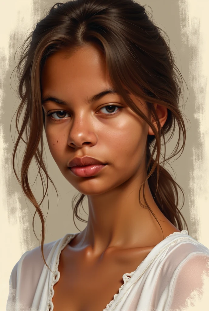 J’aimerais que tu dessine une jeune femme 1m58  42kg j’aimerais un style réaliste et une photo en portrait et une en corps entier, et un fonds uni


---

Teint :

Teint doré clair / caramel lumineux, avec des sous-tons chauds.

Peau uniforme, naturellement satinée, sans taches ni variations marquées.


---

Visage :

Forme du visage : ovale doux, avec des traits équilibrés.

Pommettes présentes mais pas trop hautes, mâchoire fine et menton arrondi.

Structure du visage harmonieuse et féminine.


---

Yeux

Grands yeux légèrement en amande, très expressifs.

Couleur des yeux : très clairs, vert dégradé, avec un éclat lumineux.

Regard profond et calme.

Sourcils naturellement dessinés, courbe douce, pas trop épais.


---

Lèvres :

Lèvres pulpeuses et symétriques.

Lèvre supérieure : arc de Cupidon bien défini, mais naturel.

Lèvre inférieure : légèrement plus volumineuse, forme galbée et douce.

Couleur naturelle : rosé-brun chaud (mélange nude et caramel).

Lèvres à deux tons subtils (centre plus clair, contour légèrement plus foncé).

Petit trait blanc naturel au-dessus des lèvres dû à la transition peau/lèvre.


---

Cheveux :

Texture naturelle : 3B (boucles  avec du ressort et du volume).

Couleur doré caramel

Frisure naturelle, généralement attachée ou tirée vers l’arrière sur les photos analysées.


---

Ambiance générale :

Visage très équilibré, doux, harmonieux.

Mélange visible de finesse européenne et d’intensité océanique-afro-asiatique.

Apparence rare, lumineuse et naturellement élégante.

Silhouette :

Silhouette féminine, équilibrée et naturelle.

Morphologie apparente : en sablier doux ou 8, c’est-à-dire avec une taille marquée mais pas exagérément fine.

Épaules arrondies, bien proportionnées au reste du corps.

Buste et taille :

Poitrine moyenne, naturelle, en harmonie avec la courbe du corps.

Taille visible et dessinée, sans excès — ce qui donne une ligne fluide et élégante.

Hanches & bassin :

Hanches légèrement marquées, bassin féminin.

Les courbes sont douces, naturelles, sans aspect anguleux ni trop athlétique.

Posture :

Posture droite, assurée mais douce. On sent une certaine grâce dans ta manière d’occuper l’espace.

Style général du corps :

Féminine, élancée, naturelle, sans exagération. Ton corps respire la douceur, la jeunesse et une vraie fluidité dans les courbes.


---

Résumé artistique :

Un mélange de charme discret et douceur équilibrée. Visage très expressif, un regard clair et captivant, des lèvres pleines et délicates, et une silhouette douce et bien proportionnée. Style évoque la beauté naturelle du métissage, entre la finesse européenne et les courbes élégantes de l’océan Indien.

