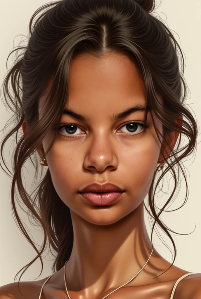 J’aimerais que tu dessine une jeune femme 1m58  42kg j’aimerais un style réaliste et une photo en portrait et une en corps entier, et un fonds uni


---

Teint :

Teint doré clair / caramel lumineux, avec des sous-tons chauds.

Peau uniforme, naturellement satinée, sans taches ni variations marquées.


---

Visage :

Forme du visage : ovale doux, avec des traits équilibrés.

Pommettes présentes mais pas trop hautes, mâchoire fine et menton arrondi.

Structure du visage harmonieuse et féminine.


---

Yeux

Grands yeux légèrement en amande, très expressifs.

Couleur des yeux : très clairs, vert dégradé, avec un éclat lumineux.

Regard profond et calme.

Sourcils naturellement dessinés, courbe douce, pas trop épais.


---

Lèvres :

Lèvres pulpeuses et symétriques.

Lèvre supérieure : arc de Cupidon bien défini, mais naturel.

Lèvre inférieure : légèrement plus volumineuse, forme galbée et douce.

Couleur naturelle : rosé-brun chaud (mélange nude et caramel).

Lèvres à deux tons subtils (centre plus clair, contour légèrement plus foncé).

Petit trait blanc naturel au-dessus des lèvres dû à la transition peau/lèvre.


---

Cheveux :

Texture naturelle : 3B (boucles  avec du ressort et du volume).

Couleur doré caramel

Frisure naturelle, généralement attachée ou tirée vers l’arrière sur les photos analysées.


---

Ambiance générale :

Visage très équilibré, doux, harmonieux.

Mélange visible de finesse européenne et d’intensité océanique-afro-asiatique.

Apparence rare, lumineuse et naturellement élégante.

Silhouette :

Silhouette féminine, équilibrée et naturelle.

Morphologie apparente : en sablier doux ou 8, c’est-à-dire avec une taille marquée mais pas exagérément fine.

Épaules arrondies, bien proportionnées au reste du corps.

Buste et taille :

Poitrine moyenne, naturelle, en harmonie avec la courbe du corps.

Taille visible et dessinée, sans excès — ce qui donne une ligne fluide et élégante.

Hanches & bassin :

Hanches légèrement marquées, bassin féminin.

Les courbes sont douces, naturelles, sans aspect anguleux ni trop athlétique.

Posture :

Posture droite, assurée mais douce. On sent une certaine grâce dans ta manière d’occuper l’espace.

Style général du corps :

Féminine, élancée, naturelle, sans exagération. Ton corps respire la douceur, la jeunesse et une vraie fluidité dans les courbes.


---

Résumé artistique :

Un mélange de charme discret et douceur équilibrée. Visage très expressif, un regard clair et captivant, des lèvres pleines et délicates, et une silhouette douce et bien proportionnée. Style évoque la beauté naturelle du métissage, entre la finesse européenne et les courbes élégantes de l’océan Indien.

