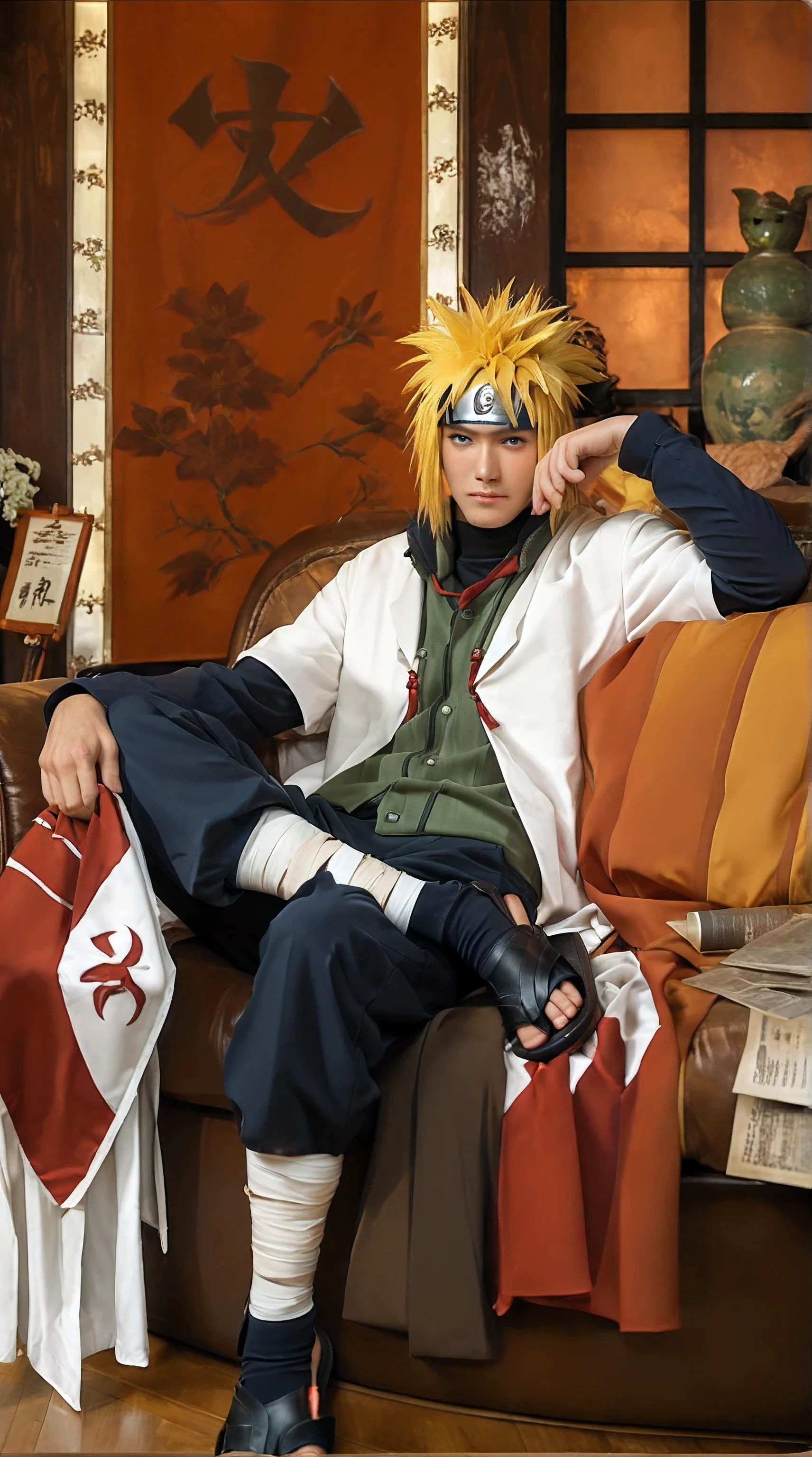 score_9, score_8_up, score_7_up, source_anime, detailed, wallpaper, beautiful details, minato namikaze, 1boy, asian, male focus, looking at viewer, yellow spiky hair, realistic hair, headband with konohagakure symbol, blue eyes, white and red robe, white and red hat with a kanji symbol, green vest, black longsleeve undershirt, black pants, using black slippers, tie a white bandage leg, sitting on the sofa textured, roll paper on the sofa, realistic