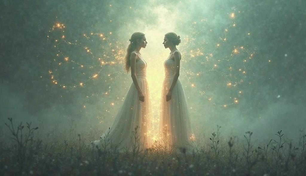 A surreal scene showing two silhouettes facing each other, connected by a glowing ethereal thread of light, floating between dream and reality. Misty background, soul-bond concept.