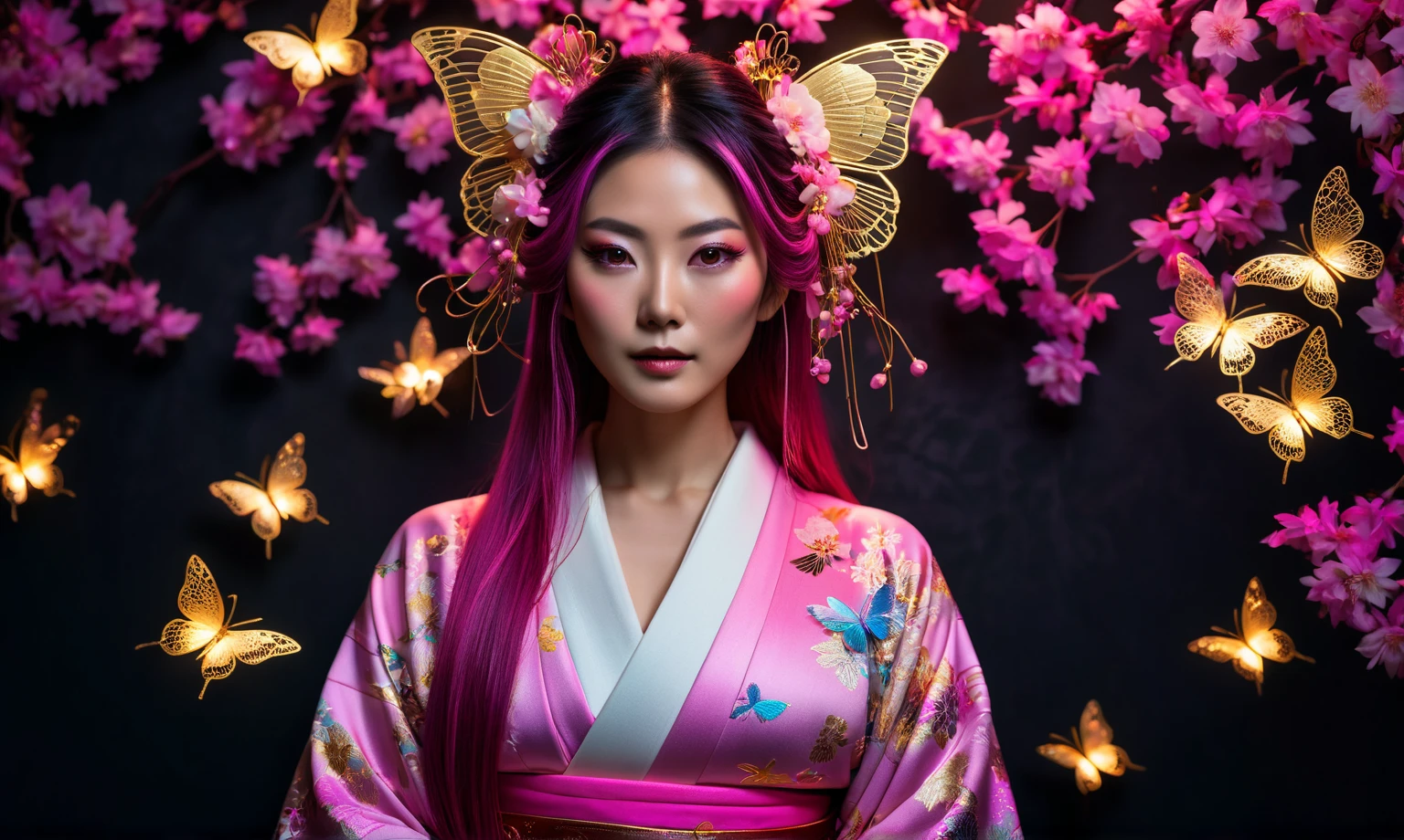 Realistic photograph, Movie light, film grain, 4K, Best quality, neon light, Against a soft, true gradient dark background, A stunning beautiful real Japanese woman wearing intricate detailed luxurious pink kimono holding glowing golden light Butterflys, Butterflys made of gole metal, in a fantasy art style, with long dark pink hair, Hair floral, Hair flower, she is sitting on the ground covered in bioluminescence floral, with a highly detailed face and beautiful eyes, The wall behind is covered with Japanese ghost masks and fox masks
