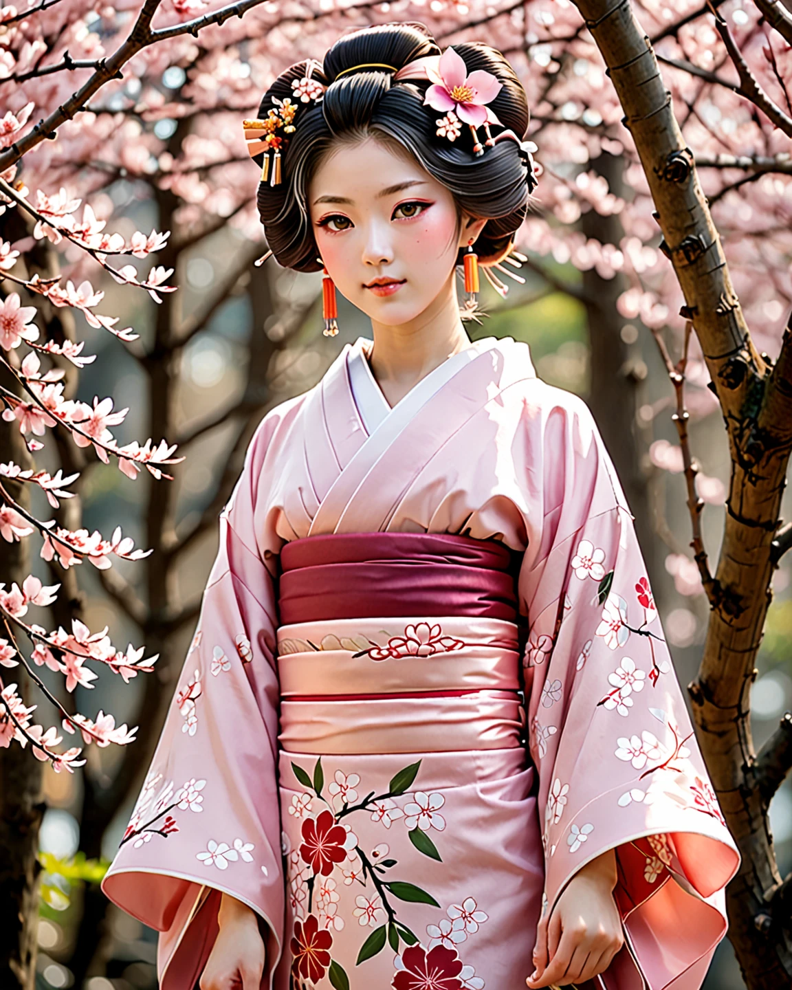 A youthful-looking figure with a calm, deep aura that transcends age. Their personality is gentle and serene, carrying a hint of wistfulness. They treasure memories, partings, and the past. Their hair is pale pink to light crimson, soft and lustrous like flower petals. Their eyes are light peach, filled with , luminous light. They wear traditional Japanese attire or furisode-style dresses adorned with motifs of branches and petals. Accessories include branch-shaped hair ornaments and petal earrings.