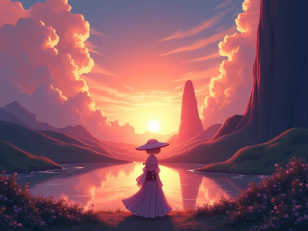 Semirealistic anime beautiful sunset