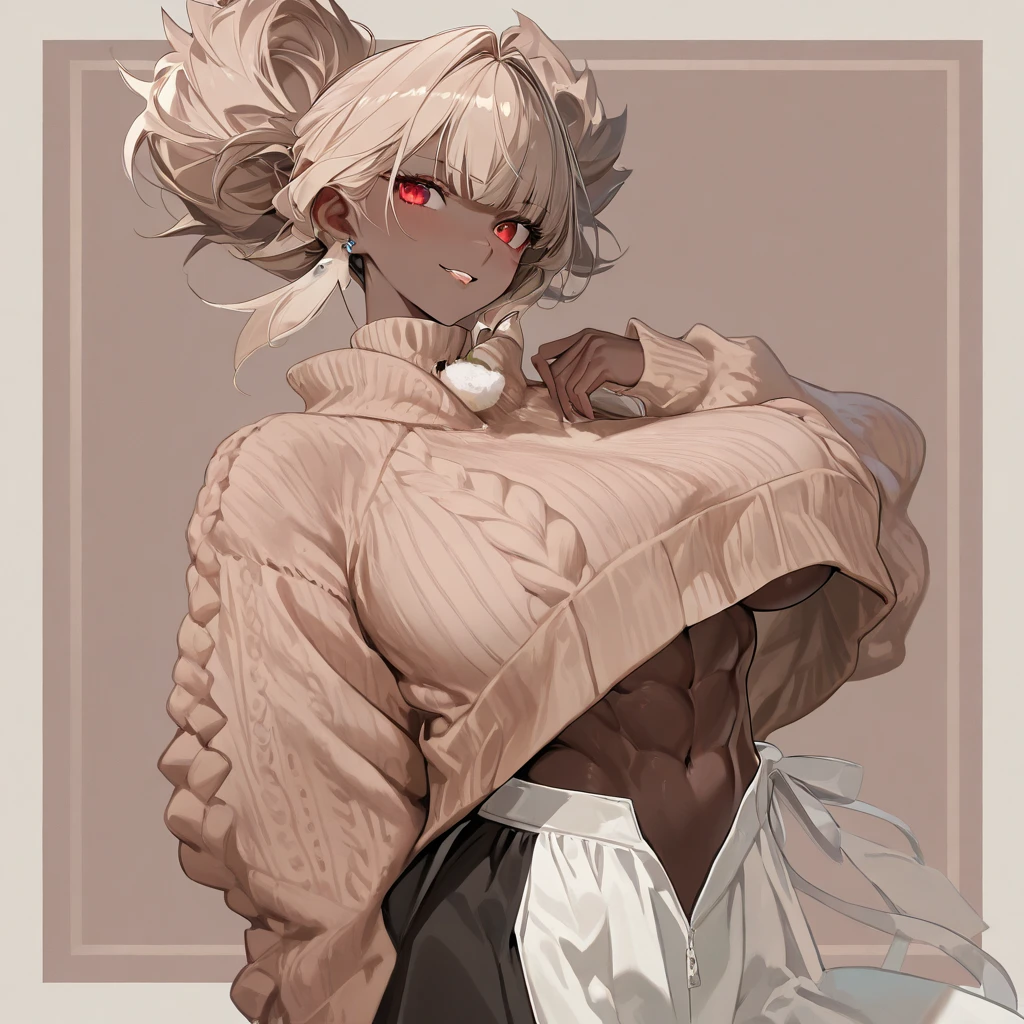 score_9, score_8_up, score_7_up, score_6_up, 1girl. big breasts, brown skin, facing viewer, smirk, virgin killer sweater, side boob, white background, earring, confident, hands on hips, exposed sides