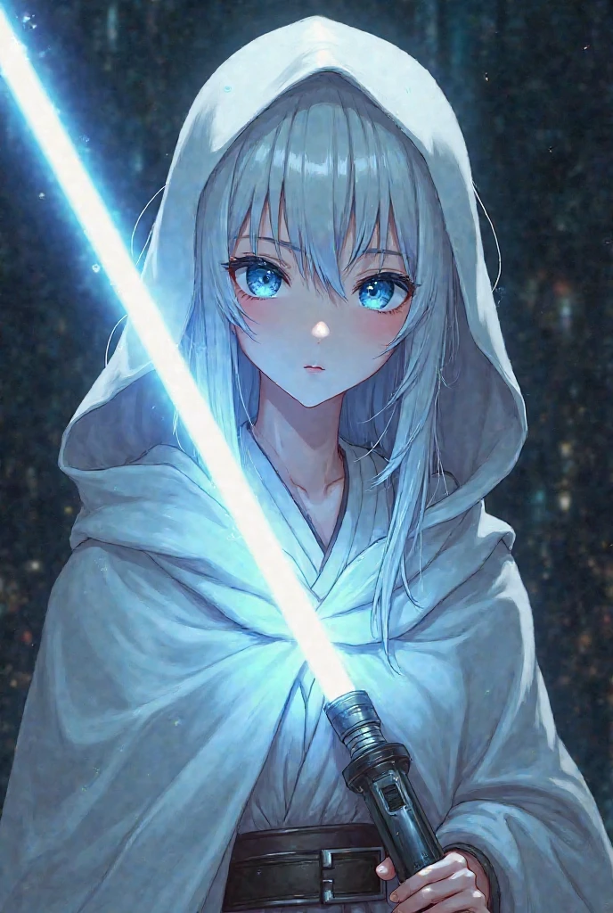 Masterpiece, best quality, 1girl, jedi, lightsaber, white robe, deep cleavage, pale skin, pointy ears, holding lightsaber, space background, cinematic, ominous, dramatic lighting, anato finnstark, hews
