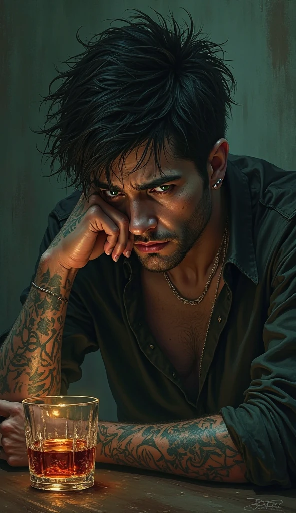 Green-eyed, dark-haired male character with tattoos crying and drinking whiskey 