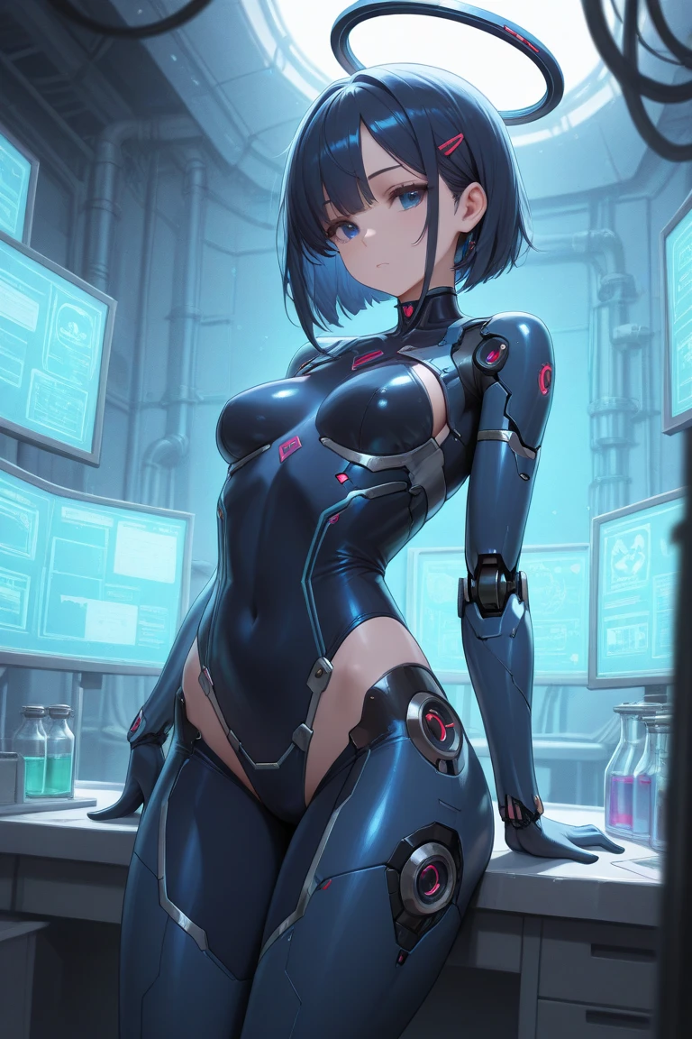1girl, solo, detailed face, , , long hair,(((robot arms,robot legs))),sf,standing,looking viewer,side ponytail,small breasts,,(leotard),nsfw,,thigh boots,arms behind back,angry,cowboy shot,indoor