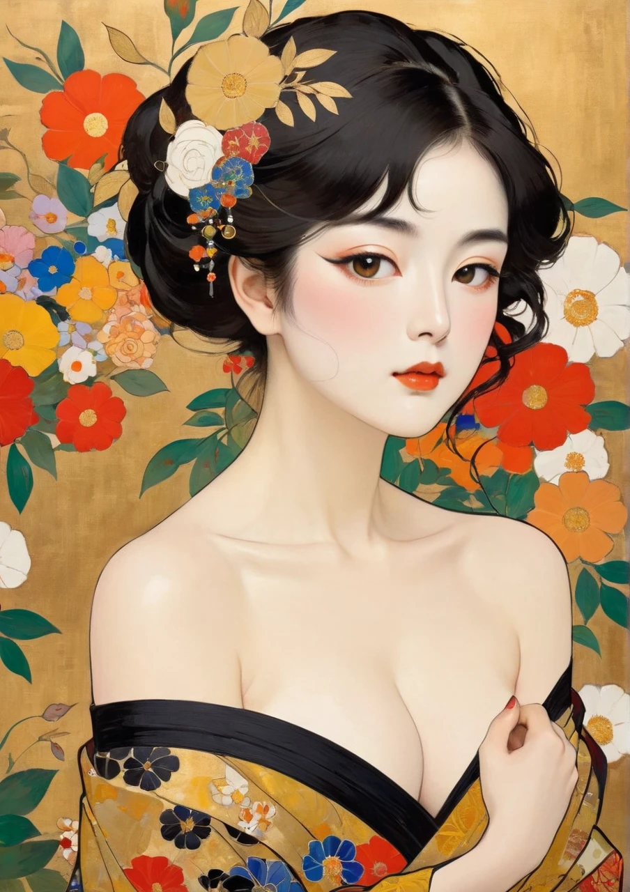 Masterpiece Japanese Painting, Klimt style masterpiece, flat art, Simple Crepe Painting,      abstract,    lots of flowers   , I'm staring at a flat illustration, 40 years old, Off Shoulder, half-open, ????,  Bold composition, ,Slightly round face、