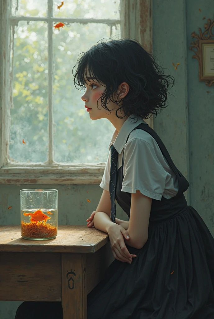 femboy wearing a black dress daydreaming at a fish sitting at a table with curly black hair wearing school attire