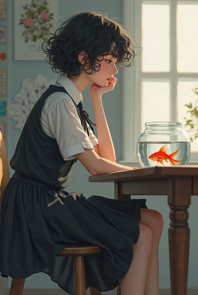 femboy wearing a black dress daydreaming at a fish sitting at a table with curly black hair wearing school attire