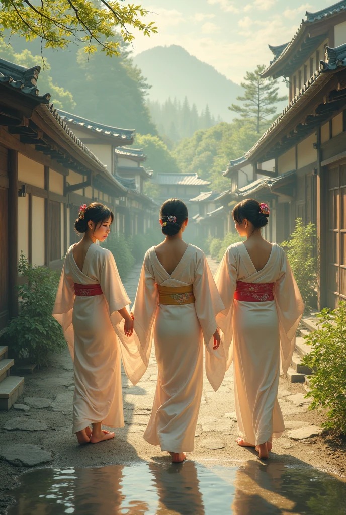 Japanese women are very beautiful, white, very well built, wearing open kimonos, walking in an old village with beautiful nature, with soft sunlight.