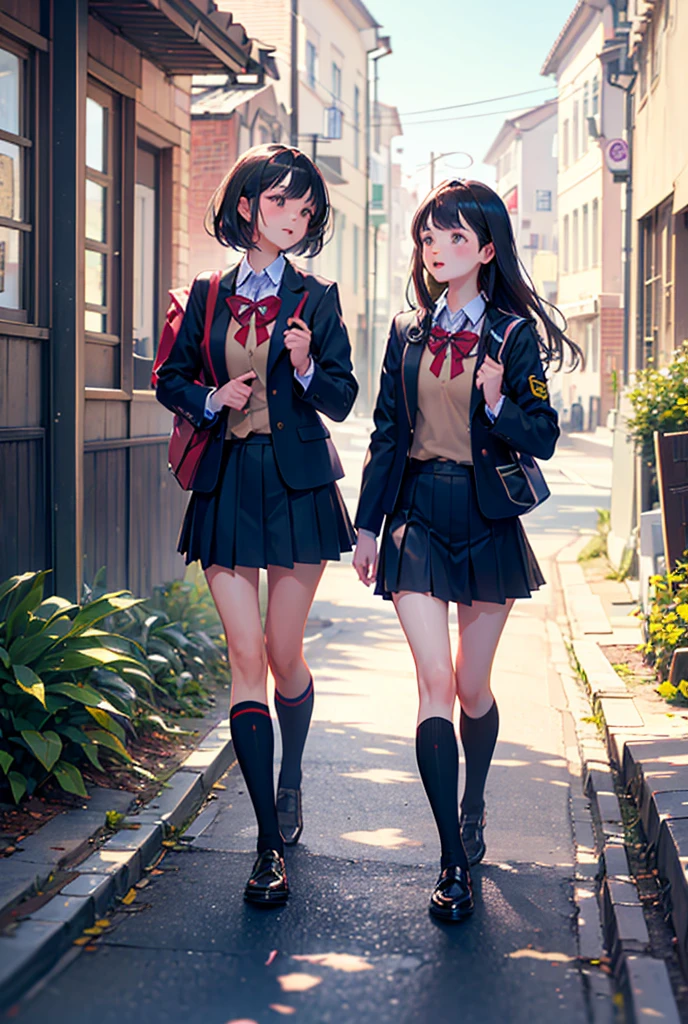 ((Two high school girls leaving school together)), matching uniforms, cute, chatty, spring in the air outside, small town street, great picture quality