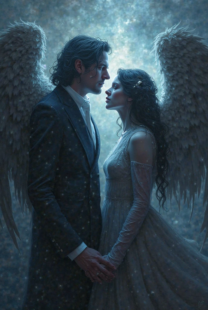 Um escuro, symbolic scene depicting a man and a woman both angels.The man has a cold, controlling the expression, with shadows and light curling around you. Their eyes sparkle weakly with a manipulative light. A mulher, dressed as a sinister, traje real, there is an arrogant, sly look, Her eyes shining in violet. Ghostly hands extend from the shadows surrounding her, symbolizing control. Both figures emanate a mysterious glow, set in a tempestuous, Filled with rays, representing your spiritual self