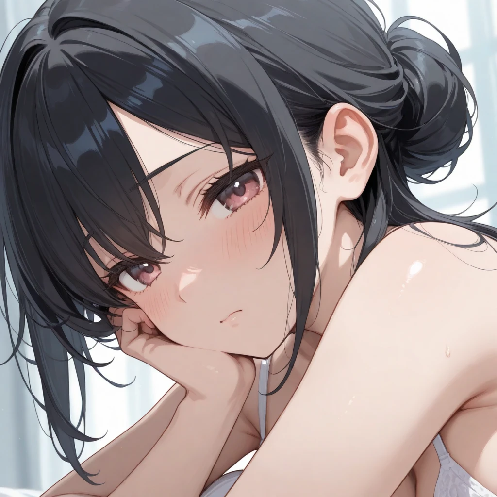 NSFW Close-up on facial expression Black camisole:1.3 1 female 1 male、Sex:1.3 On a white bed, in an apartment room, excitement, sweat, flushing), (Night, dark room, apartment room, lying on a white bed, troubled face, crying face)、 No sleeve、(Black hair, medium length, ponytail, straight hair, bangs swept to the side:1.9 Slanted eyes Brown eyes Tall Big breasts Strong Beautiful Cute) 、 細身の筋肉質の男とのSex