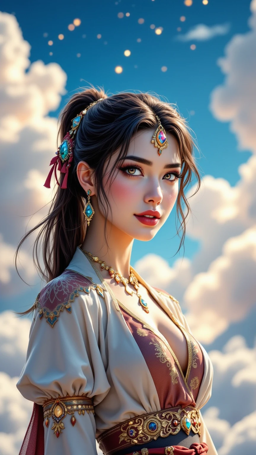 sky을 나는 Carpet 를 탄 female, 마치 Sinbad의 adventure과 같은 분위기상세묘사,female,Carpet ,sky,adventure,Sinbad, Day,Beautiful and serene expression,Exquisite Pose,Realistic and elaborate description,정밀한  Day,high quality,4K,8K,hyperrealistic,photo-like realism,professional-grade,Vibrant Color,Excellent lighting,Seductive Atmosphere,fantasy, Fairytale scene ,Stimulates imagination,Exquisite illustration