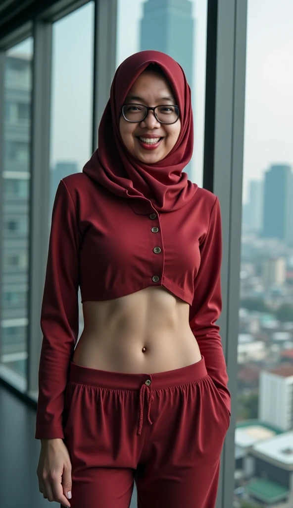 Malay woman in a red bra and panties in front of a yellow background, glasses, headshot profile picture, hijab, mira filzah, full portrait, on a yellow canva, portrait, portrait shot, photo of young malay woman, photo of a woman, potrait, full shot portrait, in yellow background