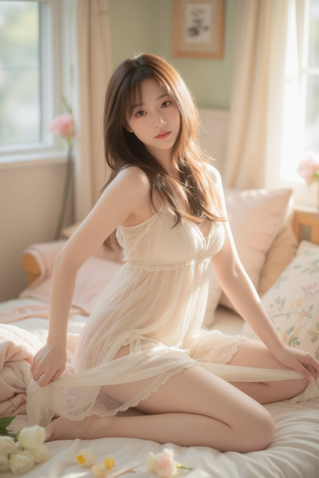 Wearing a white dress lying on the sofa,27 years old,Japanese women, Medium Hair,Young and cute gravure idol, Young and skinny gravure idol, Young Gravure Idol, realistic Young Gravure Idol, Young Sensual Gravure Idol, A sophisticated gravure idol