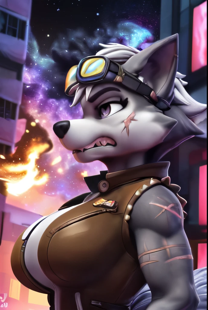 Gasket, ((Paw Patrol)), ((female solo)), domestic dog, female, adult female, brown eyes, (((gray fur)), ((gray body)), (wearing brown leather vest:1.25), (wearing ripped black shirt:1.25) (wearing spike wristband:1.25), (large breasts:1.25), (huge breasts:1.25), (hyper breasts:1.25), (hair over eyes:1.25), (white hair:1.25), ((sharp teeths)), ((large fangs)), gray eyes, (Shiny eyes:1.6), ((Pixar eyes)), perfect eyes, ((glowing eyes)), (hyper realistic:1.65), long fluffy tail, very large tail, tail up, very furry and fluffy, ((very large fangs)), perfect ligthing, (Cyberpunk city at night background:1.25), (building at fire at background:1.65), (back side view:1.45), looking at Viewer, ((seductive break)), ((spread legs)), spread legs, (rajii:1.1) (dimwitdog:1.1), (thesecretcave:1.25), (cooliehigh:1.1), (miles-df:1.1), (complextree:1.1), (pixelsketcher:1.1), (foxovh:1.1), (zaush:1.1), (avante92:0.70), (meesh:1.1), (inu-sama:0.80), (cervina7:1.1), (F-R95:0.70), (R-mk:1.1), (xpray:1.1), (standing tall:1.65), (large fluffy tail:1.65), (close up to face:1.25), (angry expression:1.45), (scars all over her body:1.85), (wearing long goggles over head:1.65), (starry:1.45), (nebula:1.45), (wolf assests:1.45), (snarling:1.45), (3D render:1.35), (some muscles:1.25), (strong female:1.35)