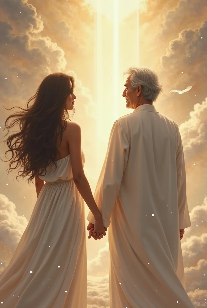 Draw a picture of a brownskin woman, brown hair, de costas, Arriving in Heaven. Holding hands with an elderly man, of straight hair, black with white threads, magro.
