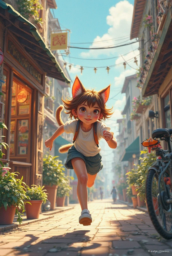  Cat Girl is running towards the bike shop.