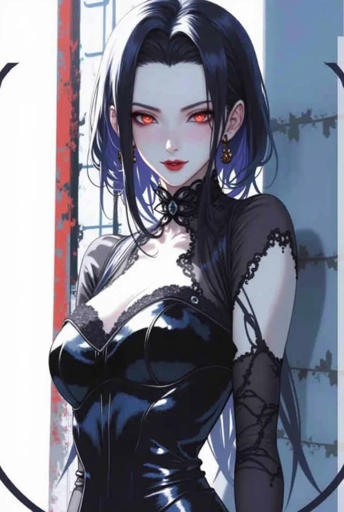 Gothic girl of great beauty sticking out her tongue and showing her fangs,ojos rojos ,pale and young skin,labios negros y carnosos,sonrisa grande y burlona, pendientes de metal en forma de cruz,piercing en las orejas,rosario colgando del cuello,cabello blanco liso y largo haciendo cotraste con su ropa negra y oscura,anillos y pulseras en sus manos,corona de espinas en su cabeza,ojos expresivos y penetrantes,colmillos largos cono una vampireza,gran belleza inalcanzable perfeccion,primer plano de su rostro,super detallado,super realista,alta calidad,alta definicion,detalles intrincados por todos lados, fondo difuminado y en segundo plano