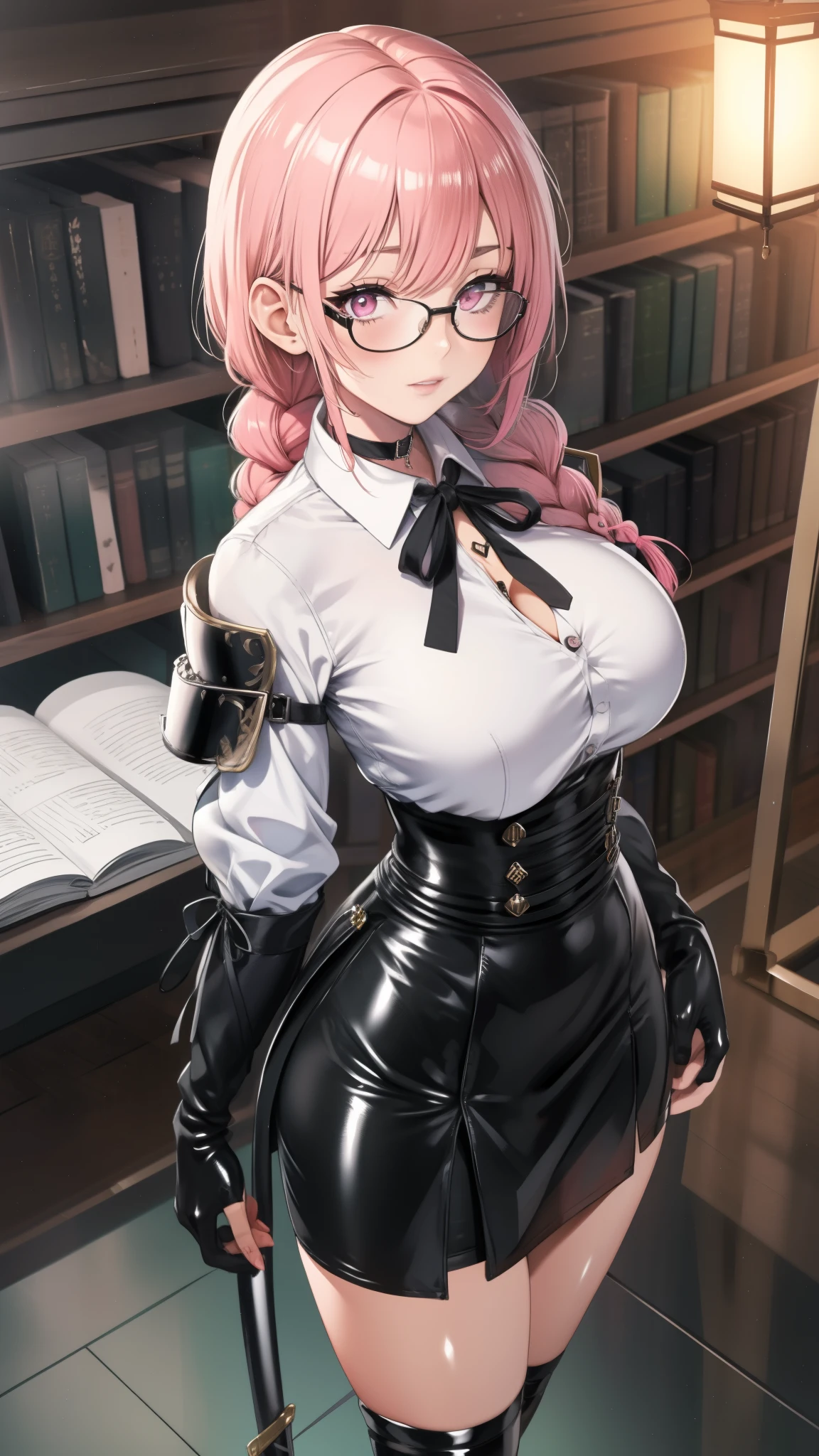 bright clothes, a girl, (Yanagi Tsukishiro ), Alone, Standing, (seen from above), watching the spectator , slender hips , long braided hair pink, beautiful eyes , detailed eyes , Pink Eyes, huge breasts, sensual lips, ((samurai armor shoulder pad)), harness, (glasses), choker :1.6, black gloves, ((high waist shiny black miniskirt)), ((White buttoned shirt with collar)), (black ribbon for the chest), (dark green neck strap), (Gothic style library ), Gloomy ambience,