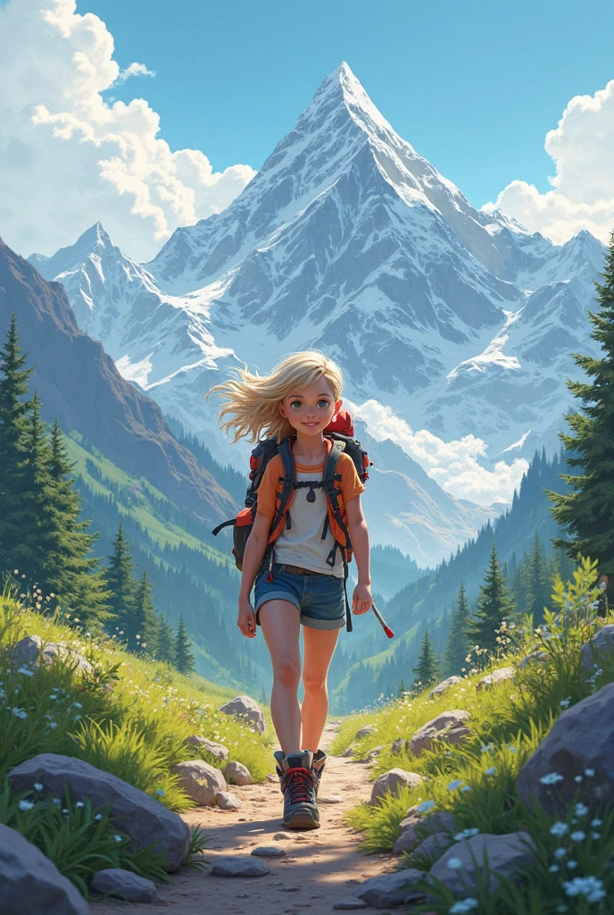 Young blond girl hiking in the mountains