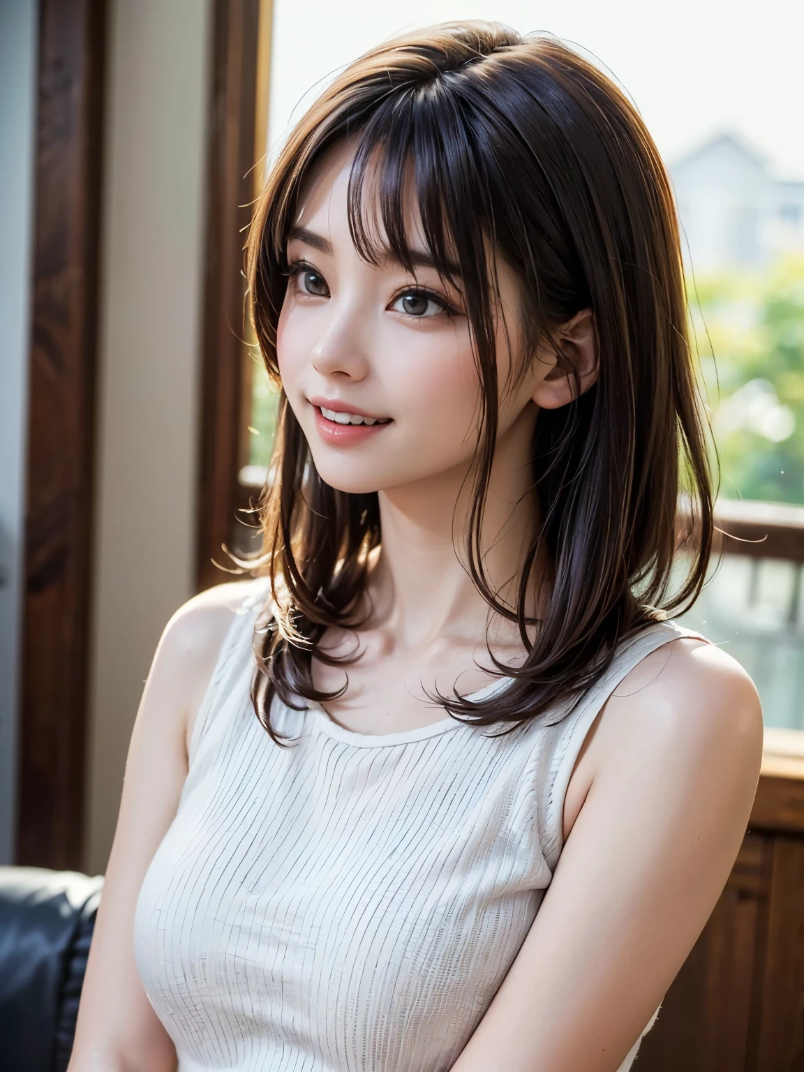 super highest quality, face focus, soft light, ultra high resolution, (realistic:1.4), RAW photo,
1 Japanese girl, alone, cute, (pupil, There&#39;There&#39;s a light in my eyes),  (detailed beautiful face:1.3)  ((High resolution details of human skin texture:1.3)
(long hair),
indoor,
Damask Shirt Dress, (Beautiful straight bob hair styled down to the tips:1.3)  elegant and neat　　intelligent and stylish
(portrait)  High definition focus on pupil　diffused light from window　beautiful gradation　gentle smile　Beautiful gradation