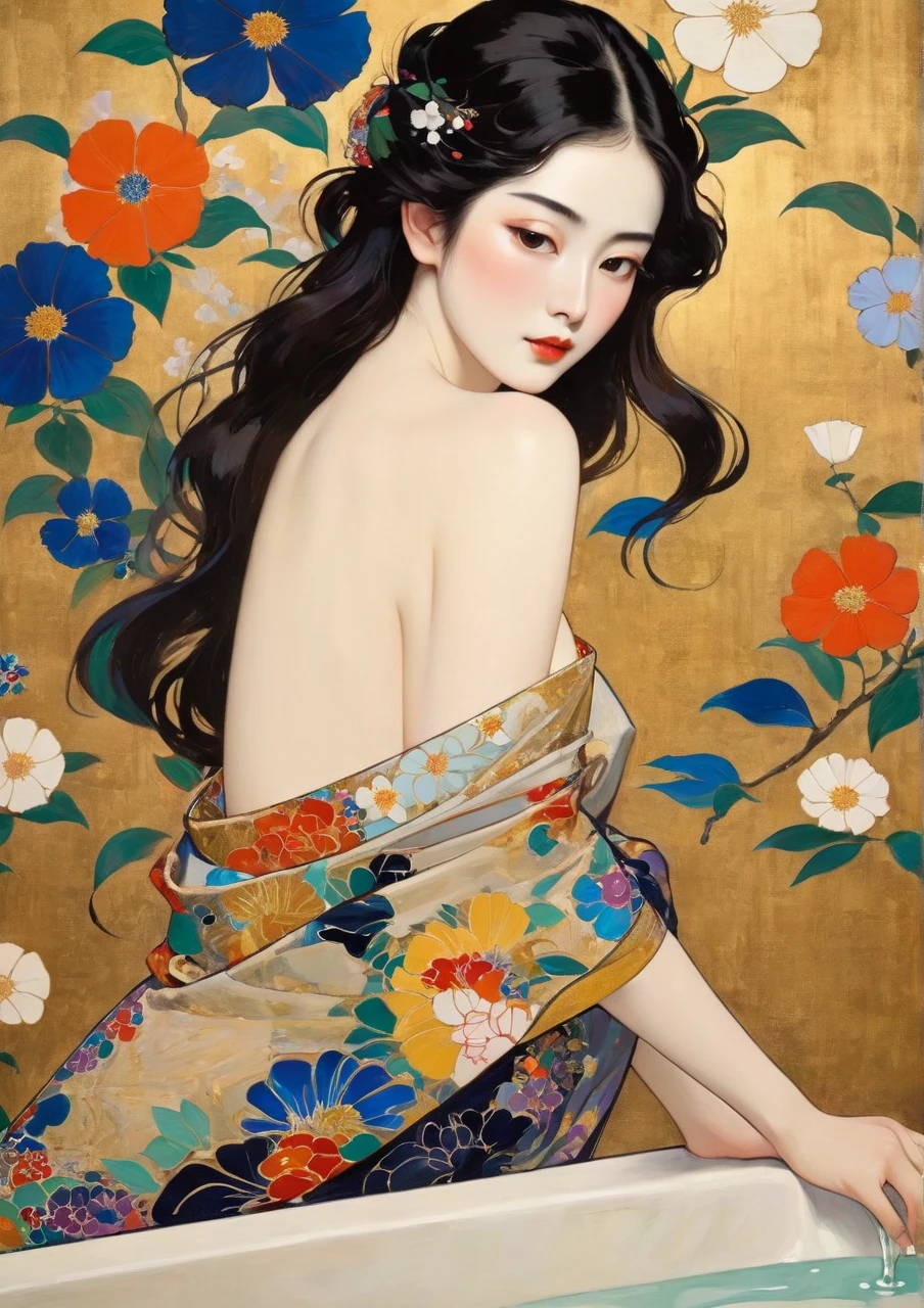 Masterpiece Japanese Painting, Klimt style masterpiece, flat art, Simple Crepe Painting,      abstract,    lots of flowers   , I'm staring at a flat illustration, 40 years old, Off Shoulder, half-open, sexy,  Bold composition 、 sink,