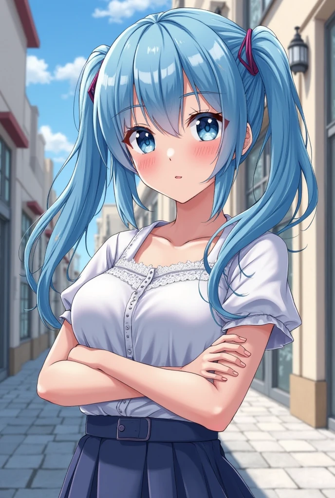(1girl solo:1.2), cowboy shot (dutch angle from above:1.2), looking at viewer, pov,shoulder bag strap between breasts paisura
(walking on stairs:1.2) in train station platform, railing, white t-shirt, jeans, shoulder bag strap between breasts paisura, 8K, highest quality, masterpiece, super detailed、bright blue hair、medium long hair、twin tails、young face、17 years old、full lips、Pale blue eyes、、blush、lipstick、medium breasts、perfect hands、detailed hands,, loose clothes, blush, sweatdrop, pumps, 8K, highest quality, masterpiece, super detailed、bright blue hair、medium long hair、twin tails、young face、17 years old、full lips、Pale blue eyes、、blush、lipstick、medium breasts、perfect hands、detailed hands,shoulder bag strap between breasts paisura、shoulder bag strap between breasts paisura
