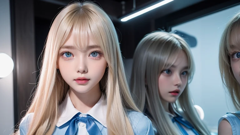 Bright expression、Photorealism、Highest quality、Ultra-high resolution、picture、The most beautiful Scandinavian girls photos、A cute and beautiful face down to the last detail、(Pure Eros Face_v1)、Beautiful Bangs、Alice in Wonderland、、beautiful girl、Baby Face、、Gite Skin、Hair sticks to face、Bangs on the face、Bans、Hair between the eyes、Super long hair、Attractive bright natural blonde super long straight silky hi-light hair、Beautiful bright transparent light blue big eyes that are charming and shining、(School uniforms、school uniform)、eyeliner、double eyelid、Ample breasts、(Correct Anatomy)、Captivating facial expression、Gaze at the viewer、Detailed eyes and face、Professional photography techniques