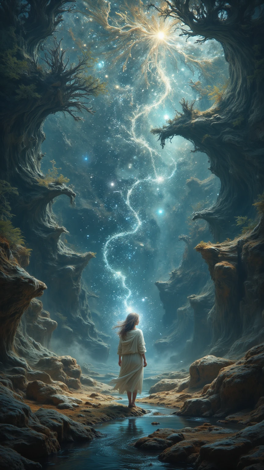 (The world changes. The world changes. The world changes in your eyes.
When you change who you are, everything is beautiful.)
(4k, 4k画質, 超高画質, 超細部, 非常に正確, リアリズム:1.4), 神秘的な、幻想的な、